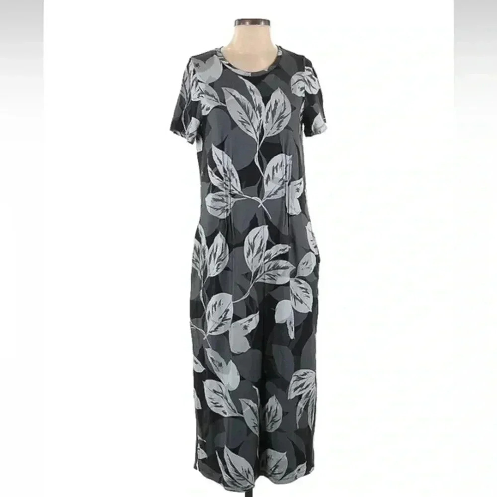 Coldwater Creek Printed Tropical Grey Black Leaf Maxi Dress Women’s Size S Small